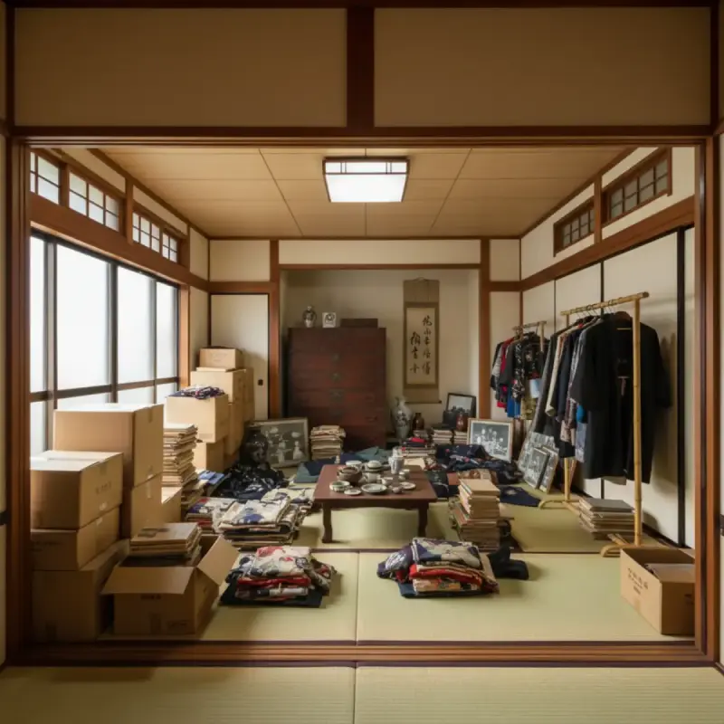 名古屋の遺品整理・作業前の和室。着物・箪笥・段ボール・茶道具が散乱