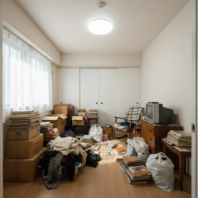 名古屋市緑区の遺品整理・洋室作業前。段ボール・衣類・書籍・古いTVが散乱