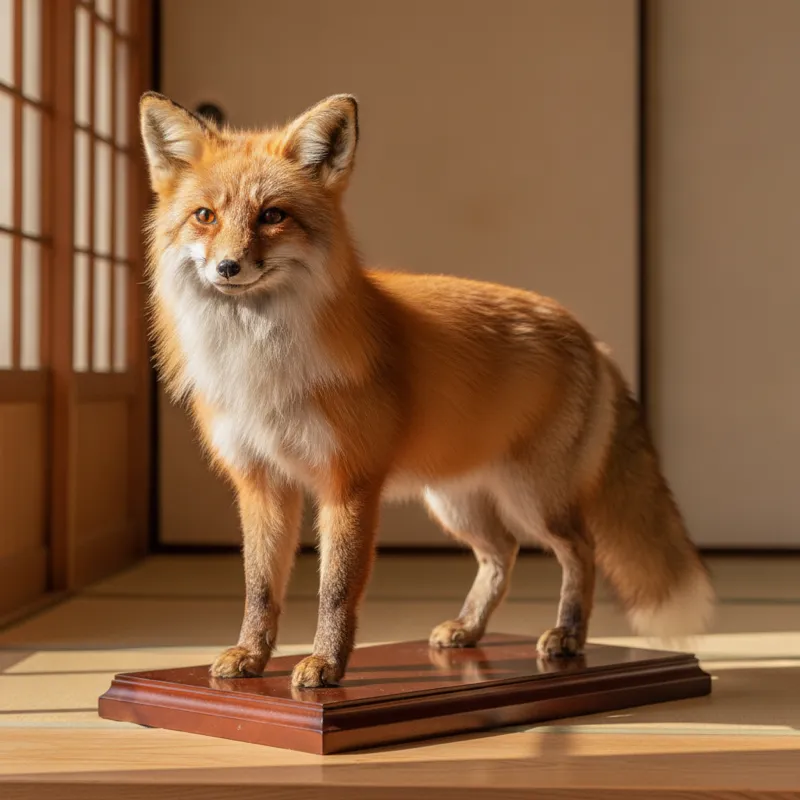 木製台座に据えられた狐の剥製（買取対象例・イメージ）