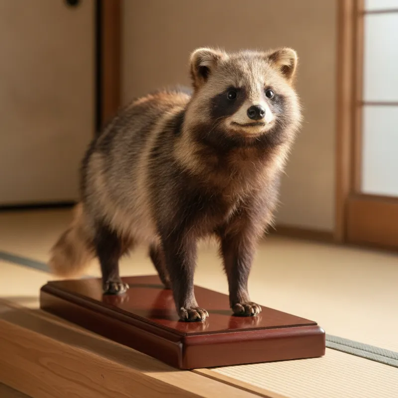 木製台座に据えられたタヌキの剥製（買取対象例・イメージ）