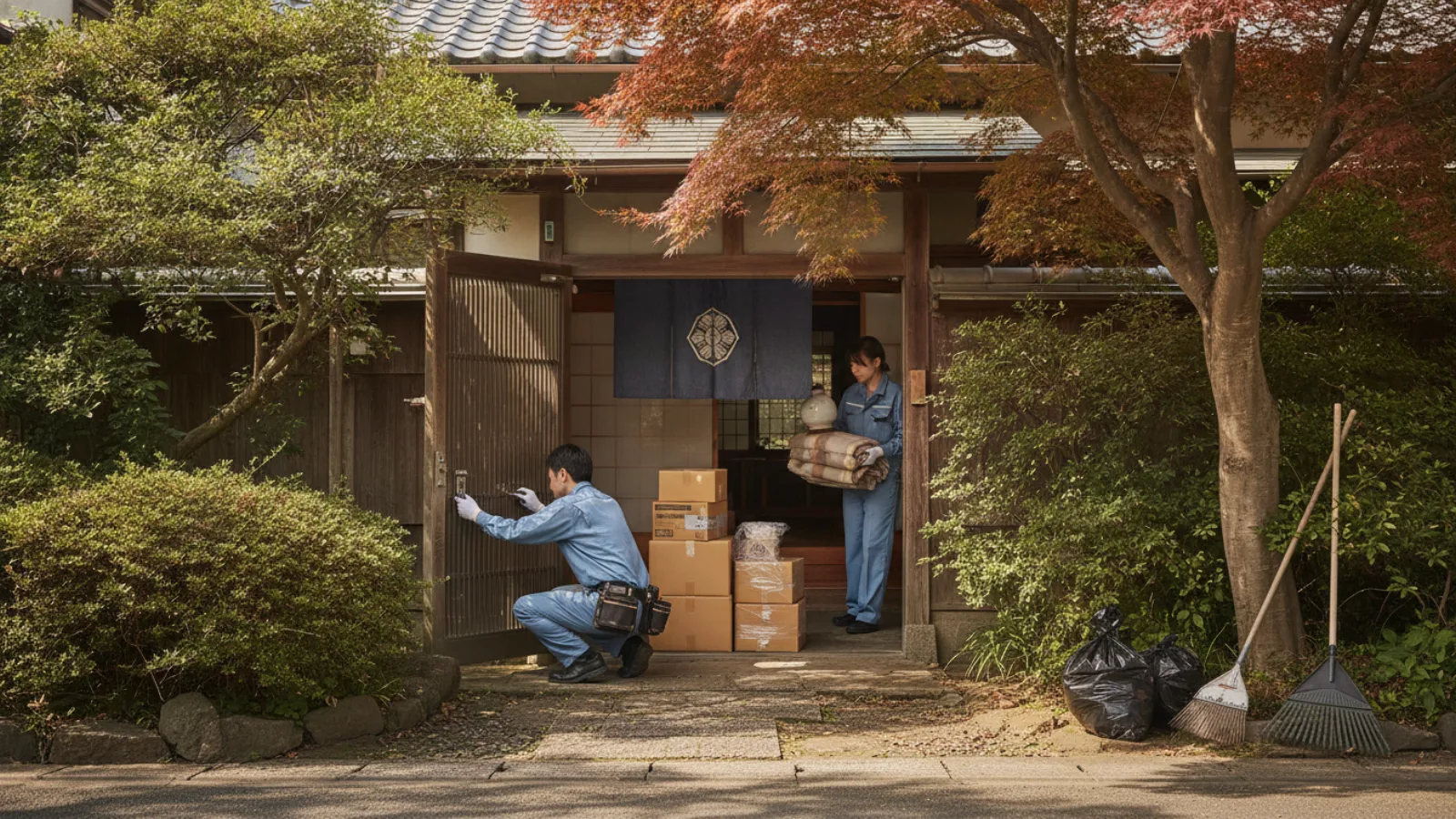 名古屋で空き家の玄関先でスタッフが施錠確認と家財の搬出を行う様子（イメージ）