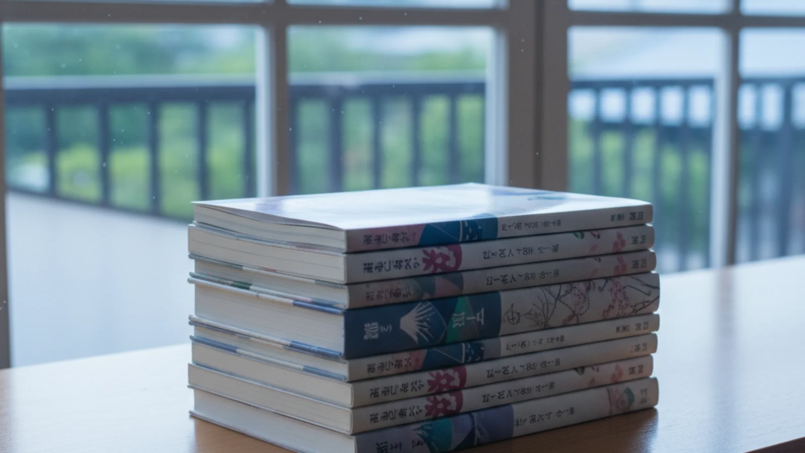 窓辺の木の机に積まれた教科書（イメージ）