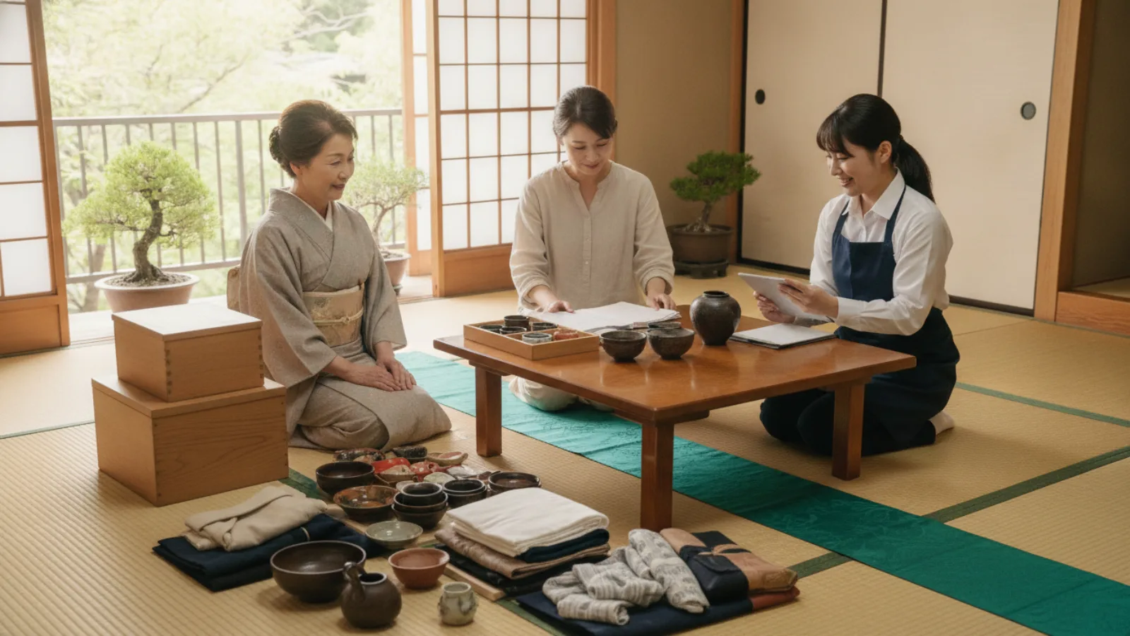 名古屋で母娘とスタッフが和室で持ち物を仕分けする生前整理の様子（イメージ）