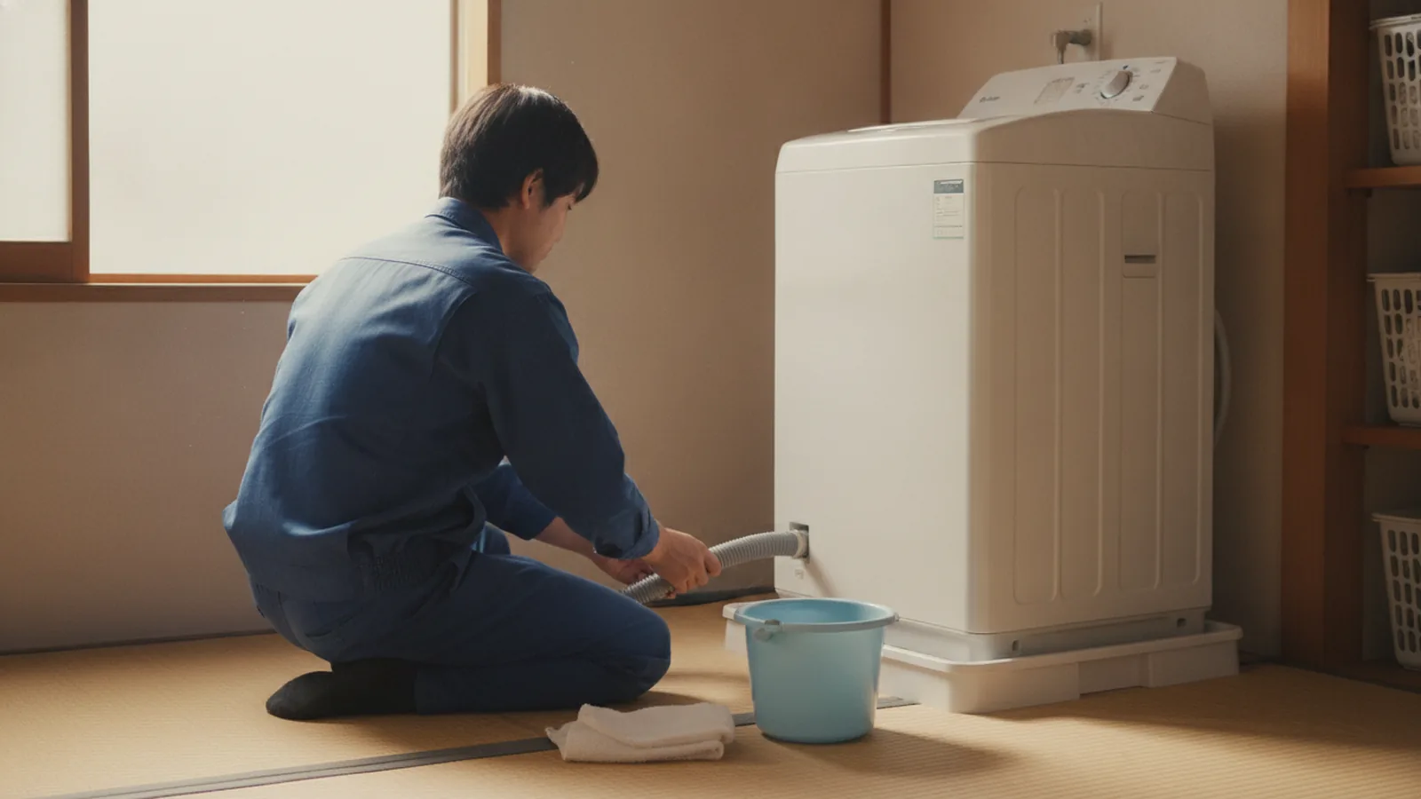 防水パンの上の縦型洗濯機の排水ホースを外して水抜きする作業（イメージ）