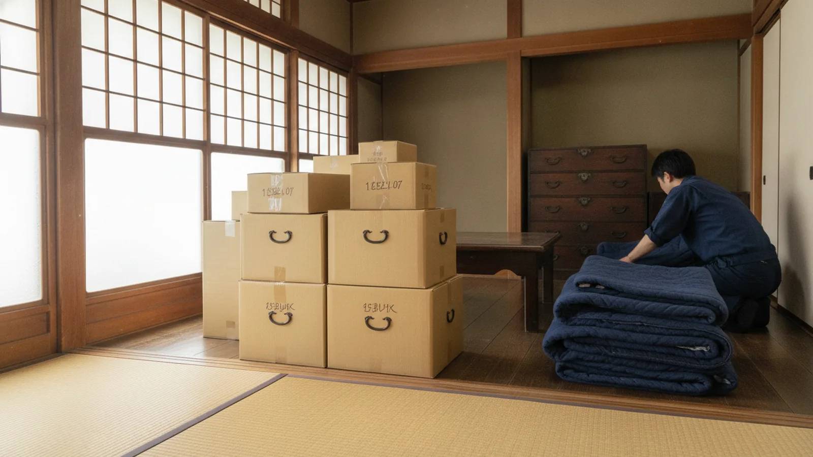 残置物撤去の作業中の和室（段ボールと家具の搬出準備・イメージ）