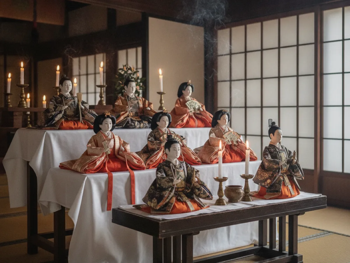 寺院の祭壇に白布を敷いて並べられた日本人形の供養の様子（イメージ）