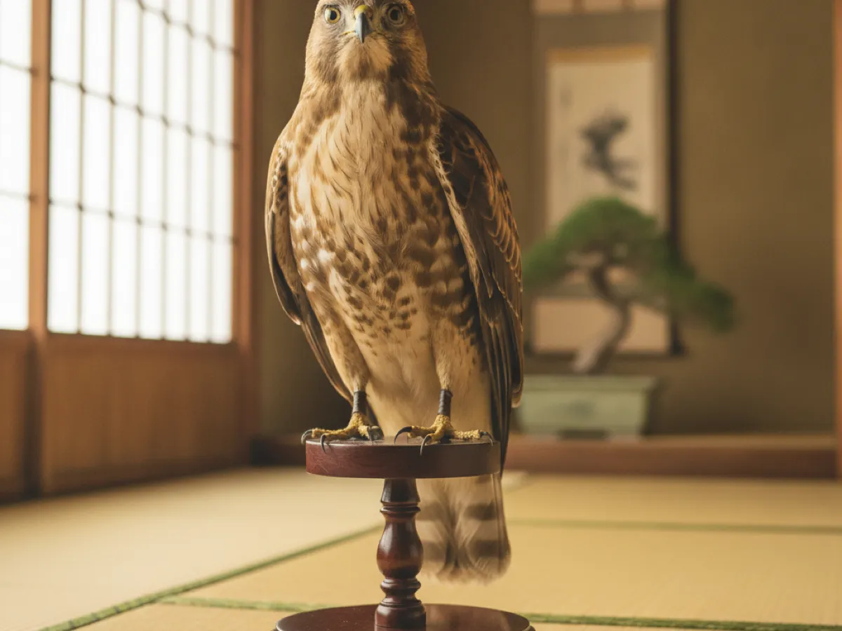 木製スタンドに据えられたタカの剥製（種の保存法の確認対象例・イメージ）